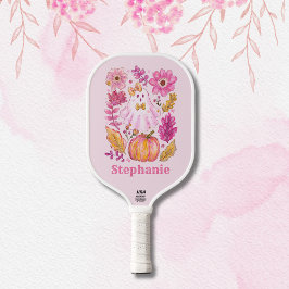 Pastel Pink Halloween Ghost with Custom Name Pickleball Paddle