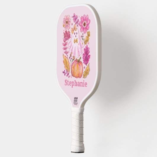 Pastel Pink Halloween Ghost with Custom Name Pickleball Paddle (Links)