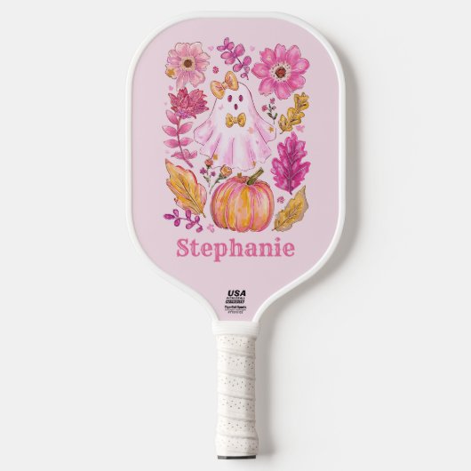 Pastel Pink Halloween Ghost with Custom Name Pickleball Paddle (Voorkant)