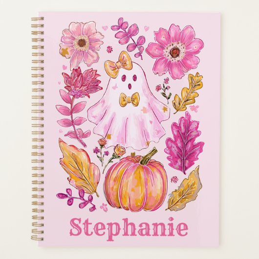 Pastel Pink Halloween Ghost with Custom Name Planner (Voorkant)