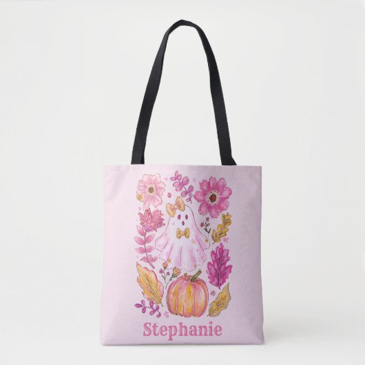 Pastel Pink Halloween Ghost with Custom Name Tote Bag (Voorkant)