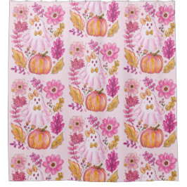 Pastel Pink Halloween Ghost with Flowers and Pumpk Douchegordijn