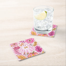 Pastel Pink Halloween Ghost with Flowers and Pumpk Kartonnen Onderzetters