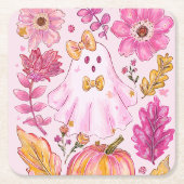 Pastel Pink Halloween Ghost with Flowers and Pumpk Kartonnen Onderzetters (Voorkant)