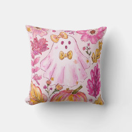 Pastel Pink Halloween Ghost with Flowers and Pumpk Kussen