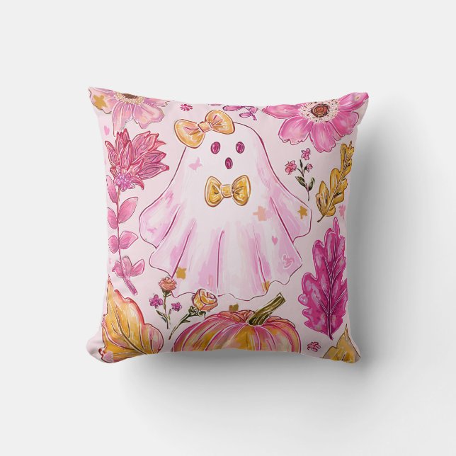 Pastel Pink Halloween Ghost with Flowers and Pumpk Kussen (Voorkant)