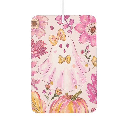 Pastel Pink Halloween Ghost with Flowers and Pumpk Luchtverfrisser (Voorkant)