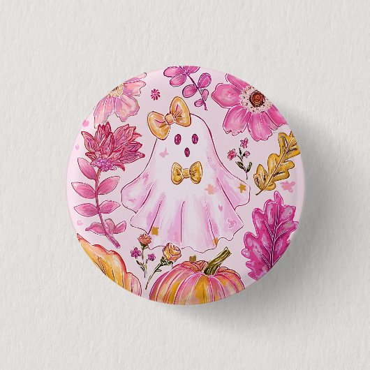 Pastel Pink Halloween Ghost with Flowers and Pumpk Ronde Button 3,2 Cm (Voorkant)