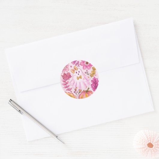 Pastel Pink Halloween Ghost with Flowers and Pumpk Ronde Sticker (Envelop)