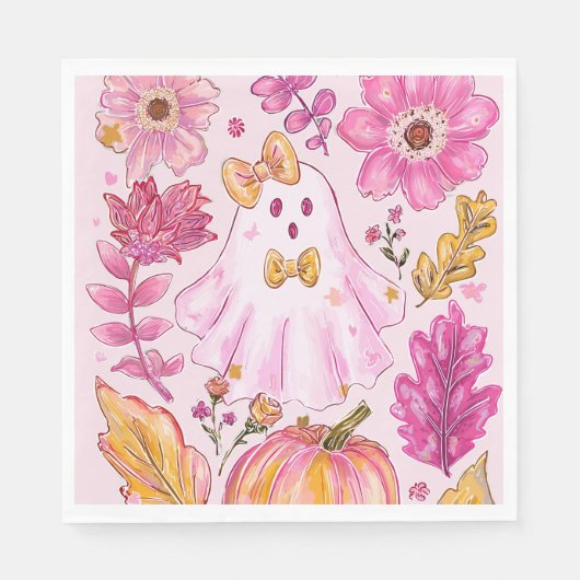 Pastel Pink Halloween Ghost with Flowers and Pumpk Servet (Voorkant)