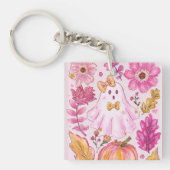 Pastel Pink Halloween Ghost with Flowers and Pumpk Sleutelhanger (voorkant)