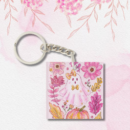 Pastel Pink Halloween Ghost with Flowers and Pumpk Sleutelhanger