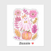 Pastel Pink Halloween Ghost with Flowers and Pumpk Sticker (Vel)
