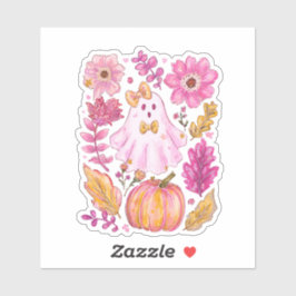 Pastel Pink Halloween Ghost with Flowers and Pumpk Sticker