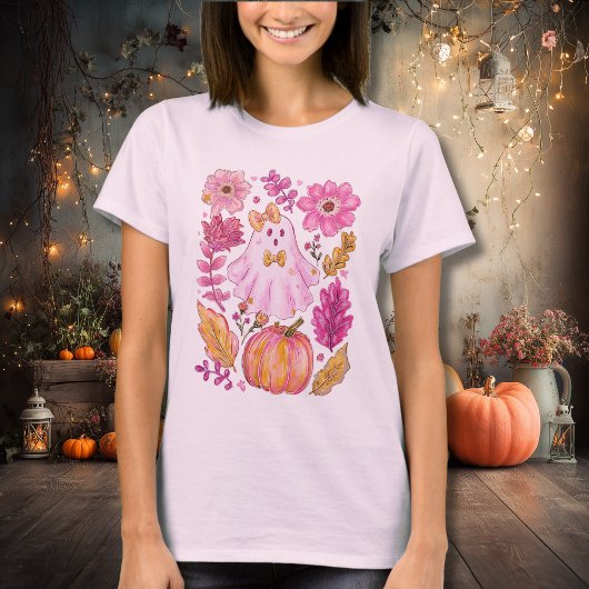 Pastel Pink Halloween Ghost with Flowers and Pumpk T-shirt