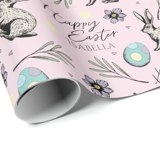 Pastel Pink Happy Easter Bunnies Cadeaupapier (Rol Hoek)