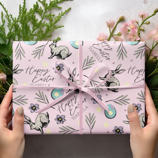 Pastel Pink Happy Easter Bunnies Cadeaupapier