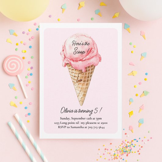 Pastel Pink Ice Cream Cone Birthday Party Kaart