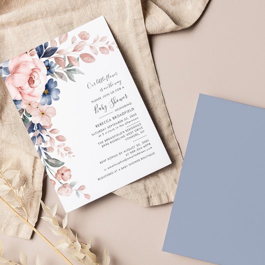 Pastel Pink Indigo Blue Floral Baby shower Kaart