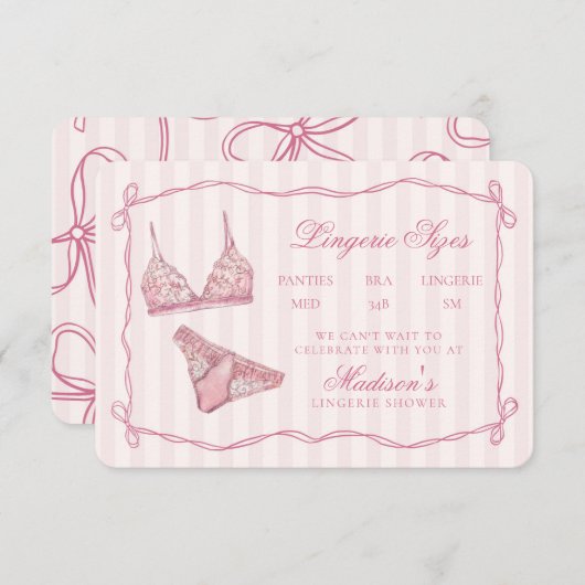 Pastel Pink Lingerie Sizes Shower Bow Informatiekaartje (Voorkant / Achterkant)