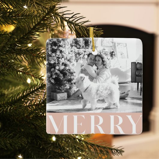 Pastel Pink Merry & Family Photo | Happy Keramisch Ornament