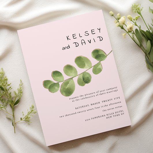 Pastel pink mint gold eucalyptus leaf wedding kaart