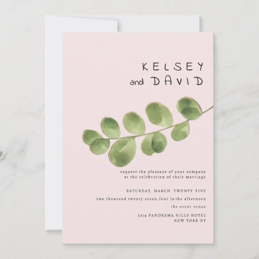 Pastel pink mint gold eucalyptus leaf wedding kaart (Voorkant)