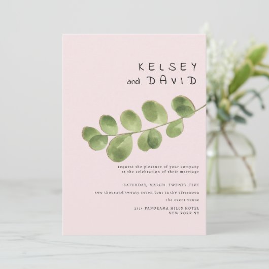 Pastel pink mint gold eucalyptus leaf wedding kaart (Staand voorkant)