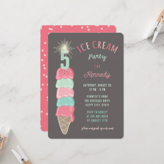Pastel Pink Mint Ice Cream Girl 5th Birthday Party Kaart