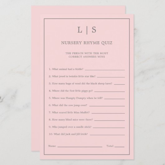 Pastel Pink Nursery Rhyme Quiz Baby shower Game (Voorkant / Achterkant)