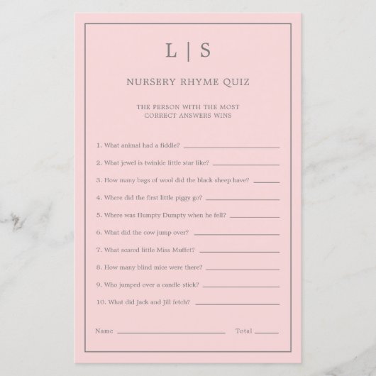 Pastel Pink Nursery Rhyme Quiz Baby shower Game (Voorkant)