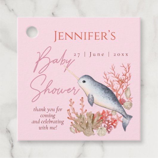 Pastel Pink oceaan Narwhal-Baby shower Bedankjes Labels (Voorkant)