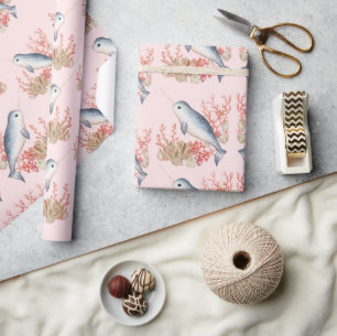 Pastel Pink Ocean baby Narwhal kleurrijke zeeschel Cadeaupapier