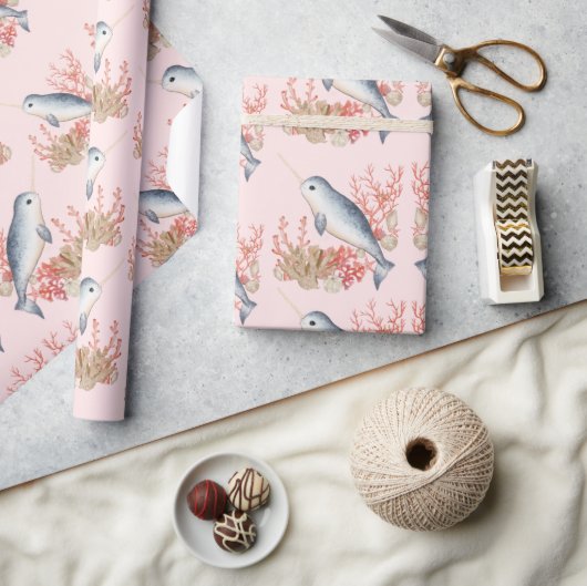 Pastel Pink Ocean baby Narwhal kleurrijke zeeschel Cadeaupapier (Crafts)