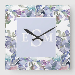 Pastel Pink Paars Dusty Blue Floral Monogram Vierkante Klok