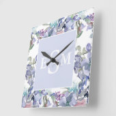 Pastel Pink Paars Dusty Blue Floral Monogram Vierkante Klok (Hoek)