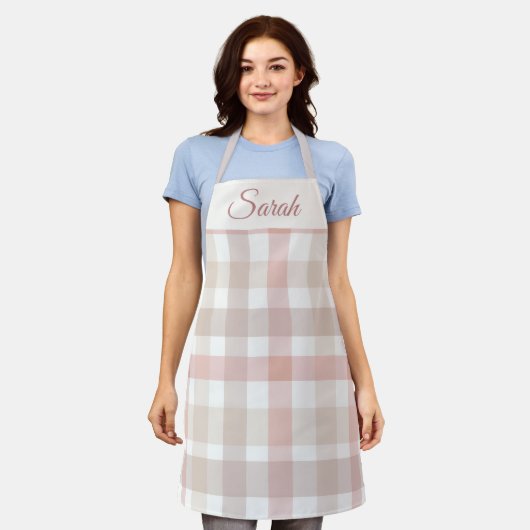 Pastel Pink Plaid Custom Name Kitchen Apron Schort (Gedragen)
