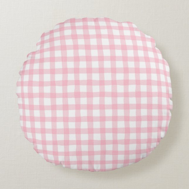 Pastel Pink Plaid – Soft Aesthetic Seamless Rond Kussen (Voorkant)
