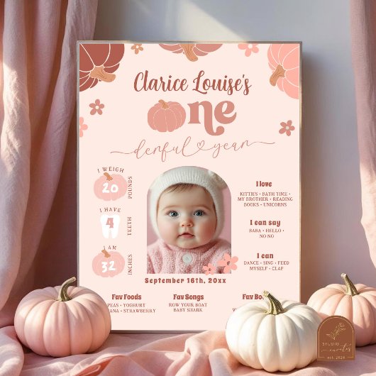 Pastel Pink Pumpkin 1st Birthday Photo Milestone Poster