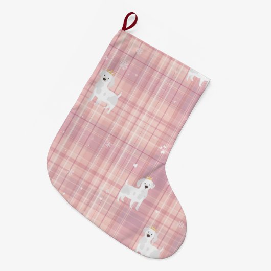 Pastel Pink Puppy Christmas Stocking with Crowns Grote Kerstsok (Voorkant (Hangend))