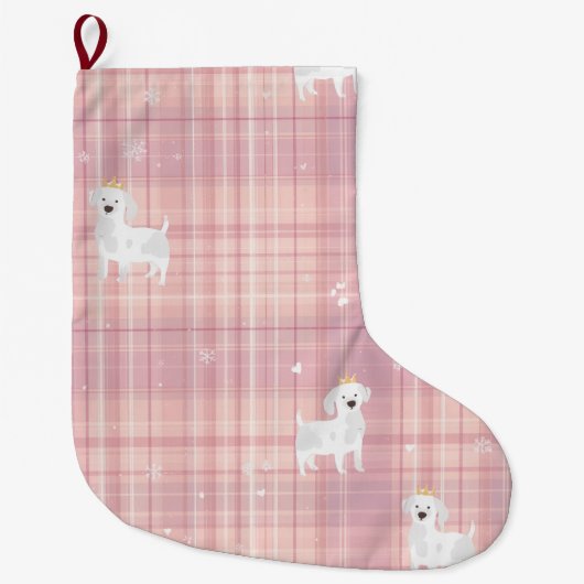 Pastel Pink Puppy Christmas Stocking with Crowns Grote Kerstsok (Voorkant)