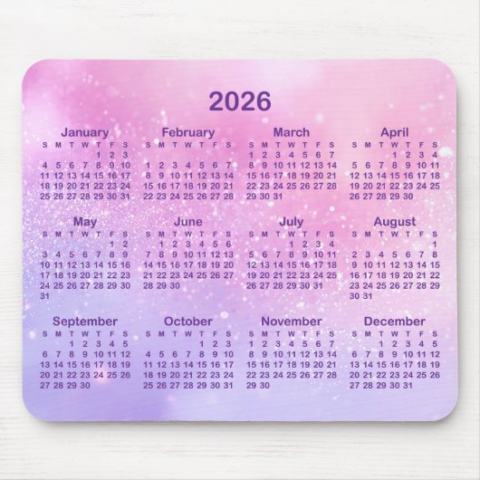 Pastel Pink Purple Glitter 2026 Calendar Muismat (Voorkant)