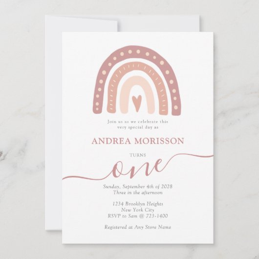 Pastel Pink Rainbow Boho First Birthday Girl Kaart (Voorkant)