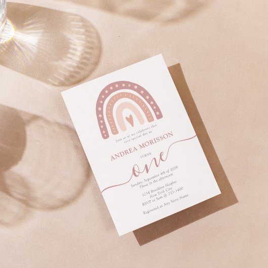 Pastel Pink Rainbow Boho First Birthday Girl Kaart