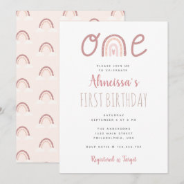 Pastel Pink Rainbow Cloud First Birthday Kaart