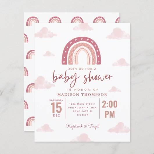 Pastel Pink Rainbow Clouds Girl Baby shower Invita (Voorkant / Achterkant)