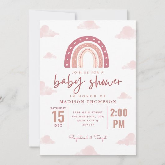 Pastel Pink Rainbow Clouds Girl Baby shower Kaart (Voorkant)