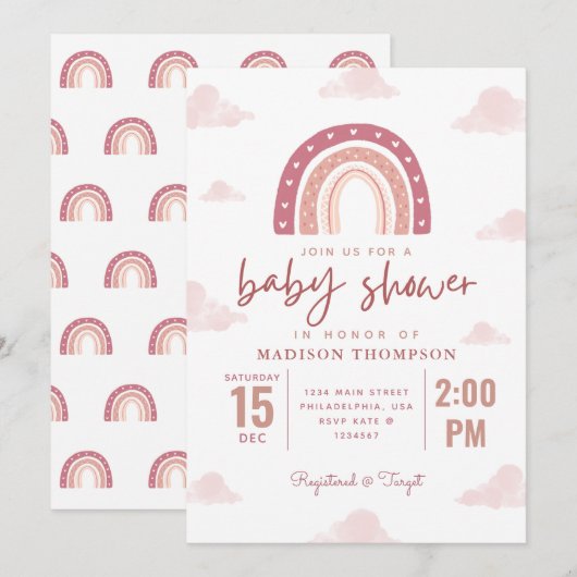 Pastel Pink Rainbow Clouds Girl Baby shower Kaart (Voorkant / Achterkant)