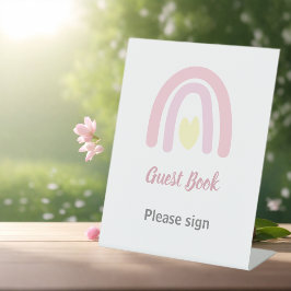 Pastel Pink Rainbow Girl Baby shower Guest Book Reclamebord Met Voetstuk