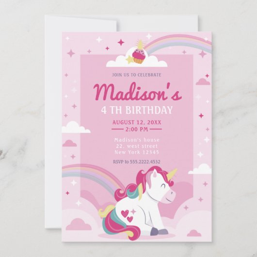 Pastel Pink Rainbow Unicorn Birthday Party Kaart (Voorkant)